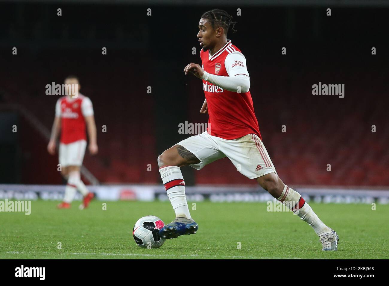 Reiss Nelson of Arsenal u23 in action during the Premier League 2 match between Arsenal Under 23 and Manchester City Under 23 at the Emirates Stadium, London on Saturday 29th February 2020. (Photo by Jacques Feeney/MINews/NurPhoto) Stock Photo