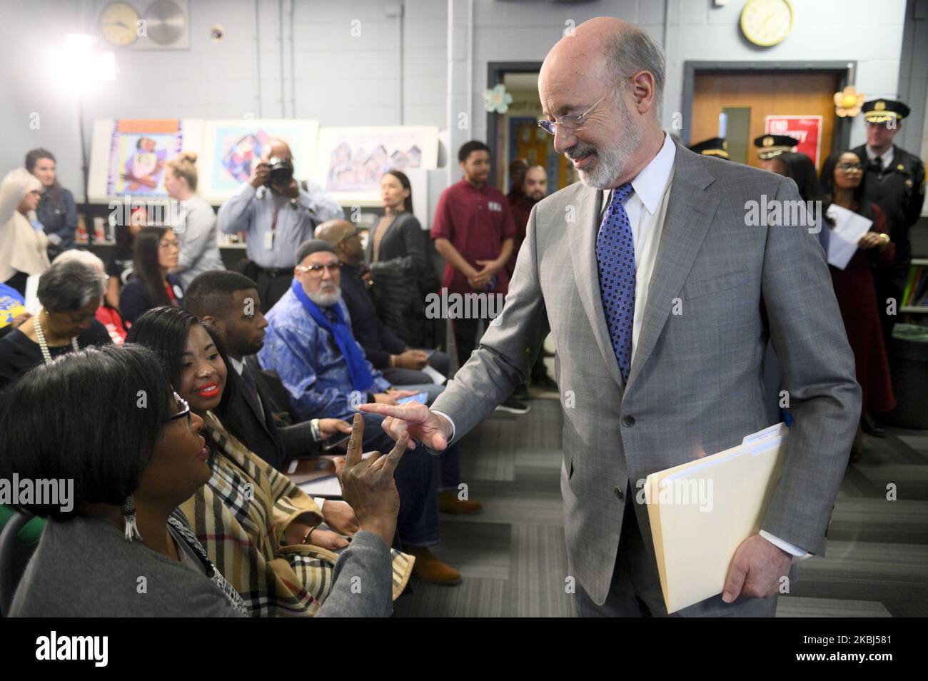 Governor Tom Wolf speaks as he is joined by a group of Democratic Pennsylvania and Philadelphia lawmakers to call for a collective support on the efforts to reduce gun violence, at an event at Parkway Northwest High School for Peace and Social Justice, in Philadelphia, PA, on February 28, 2020. (Photo by Bastiaan Slabbers/NurPhoto) Stock Photo