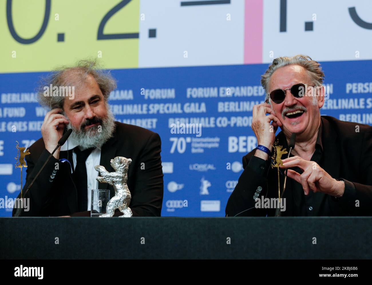 French directors Benoit Delepine (L) and Gustave Kervern winners of the Silver Bear 70th Berlinale for the film 'Delete History' attend the final press conference concluding 70th Berlinale International Film Festival in Berlinale Palast in Berlin, Germany on February 29, 2020. (Photo by Dominika Zarzycka/NurPhoto) Stock Photo