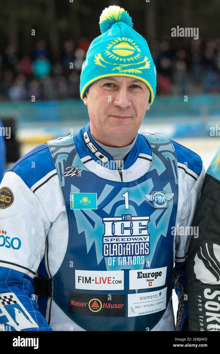 Pavel Nekrasov of Kazakhstan during theIce Speedway of Nations (Day 1) at the Horst-Dohm-Eisstadion, Berlin, on Saturday 29 February 2020. (Photo by Ian Charles/MI News/NurPhoto) Stock Photo