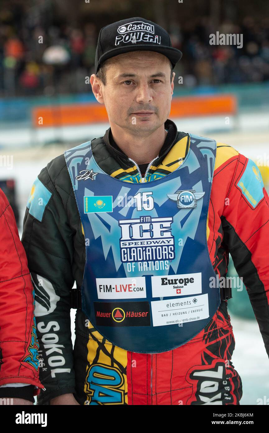 Denis Slepuchin of Kazakhstan during theIce Speedway of Nations (Day 1) at the Horst-Dohm-Eisstadion, Berlin, on Saturday 29 February 2020. (Photo by Ian Charles/MI News/NurPhoto) Stock Photo