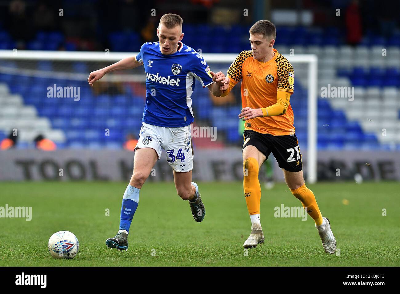 Tom Hamer of Oldham Athletic and Lewis Collins of Newport County during the Sky Bet League 2 match between Oldham Athletic and Newport County at Boundary Park, Oldham on Saturday 29th February 2020. (Photo by Eddie Garvey/MI News/NurPhoto) Stock Photo