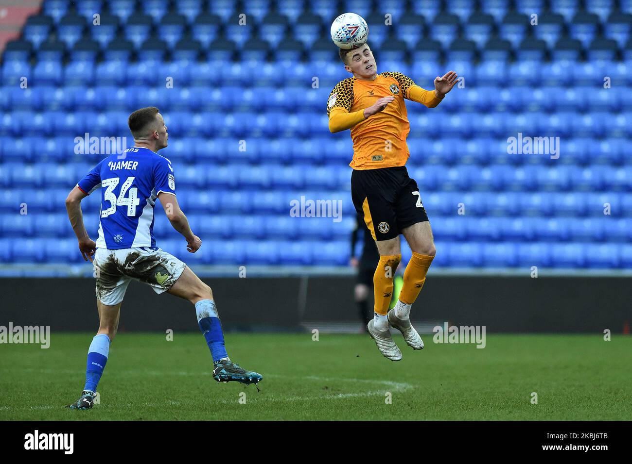 Tom Hamer of Oldham Athletic and Lewis Collins of Newport County during the Sky Bet League 2 match between Oldham Athletic and Newport County at Boundary Park, Oldham on Saturday 29th February 2020. (Photo by Eddie Garvey/MI News/NurPhoto) Stock Photo