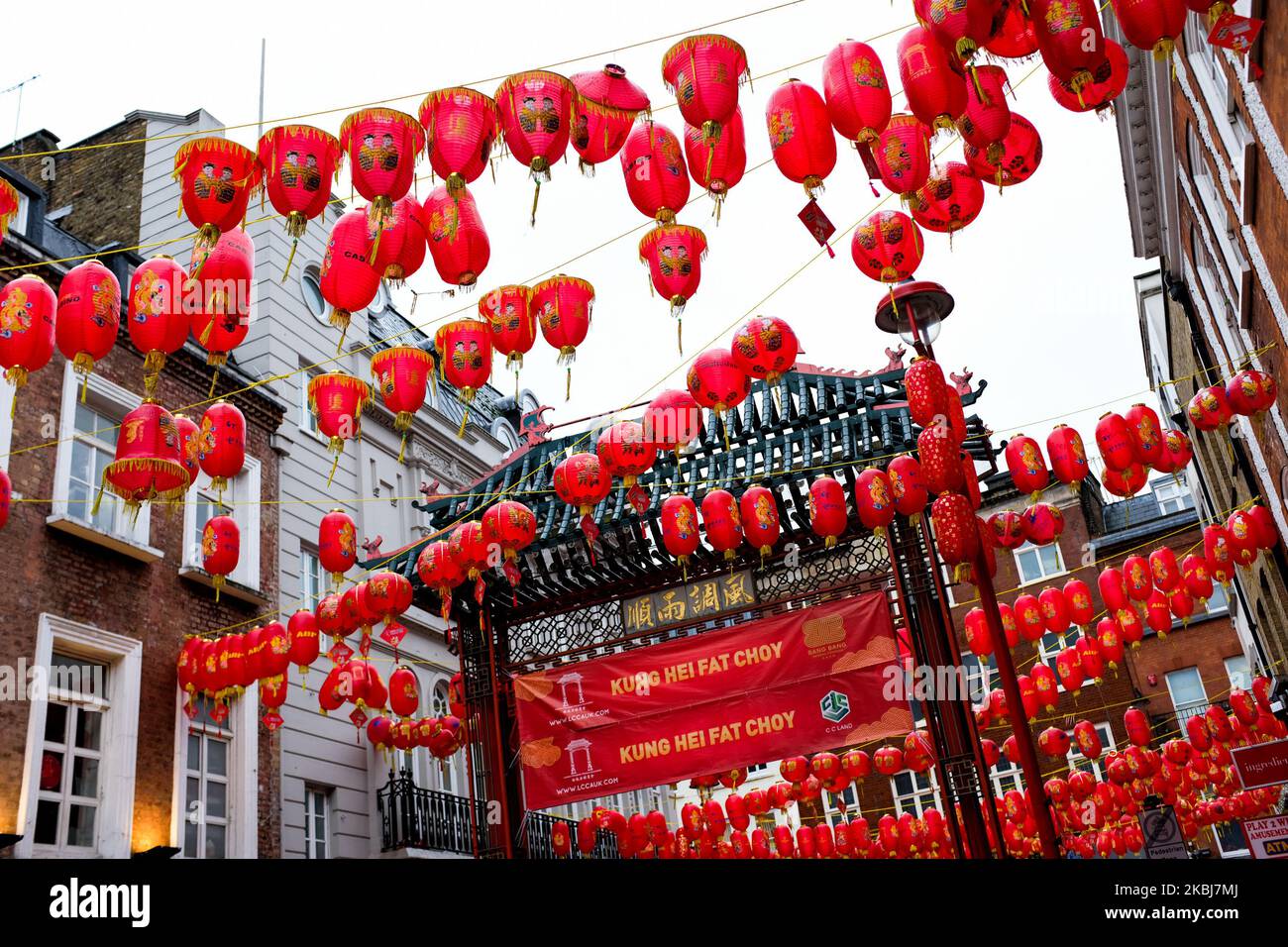 General view of the streets of Londons Chinatown in Soho, London on February 28, 2020. (Photo by Alberto Pezzali/NurPhoto) Stock Photo