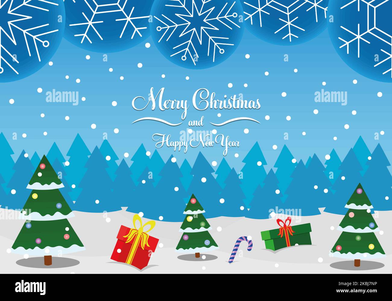 merry christmas banner with christmas trees, toys, gifts, wood Stock Vector