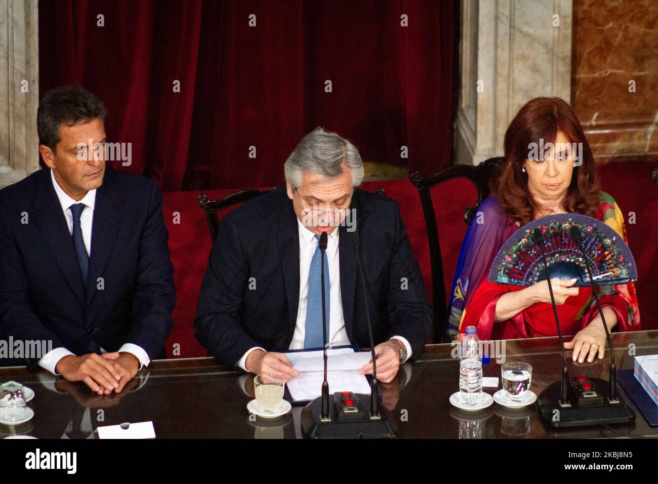 Sergio Massa, Alberto Fernández, Cristina Fernández de Kirchner, during the opening session of the 138th period of the Argentine Congress on March 01, 2020 in Buenos Aires, Argentina. (Photo by Federico Rotter/NurPhoto) Stock Photo