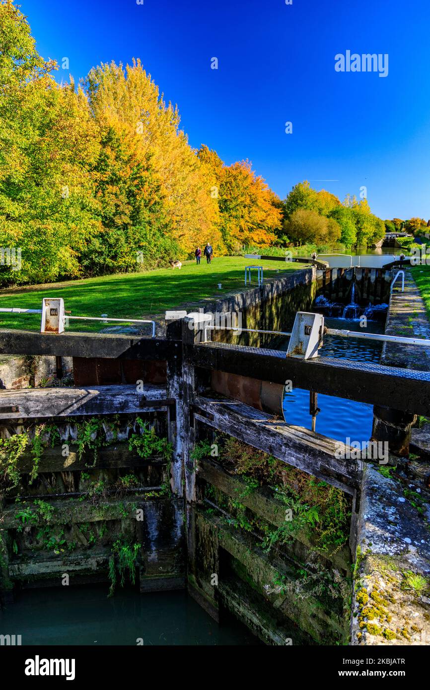 Vibrant autumn colour alongside the highest lock of the 29 at Caen Hill on the Kennet & Avon Canal, nr Devizes, Wiltshire, England, UK Stock Photo