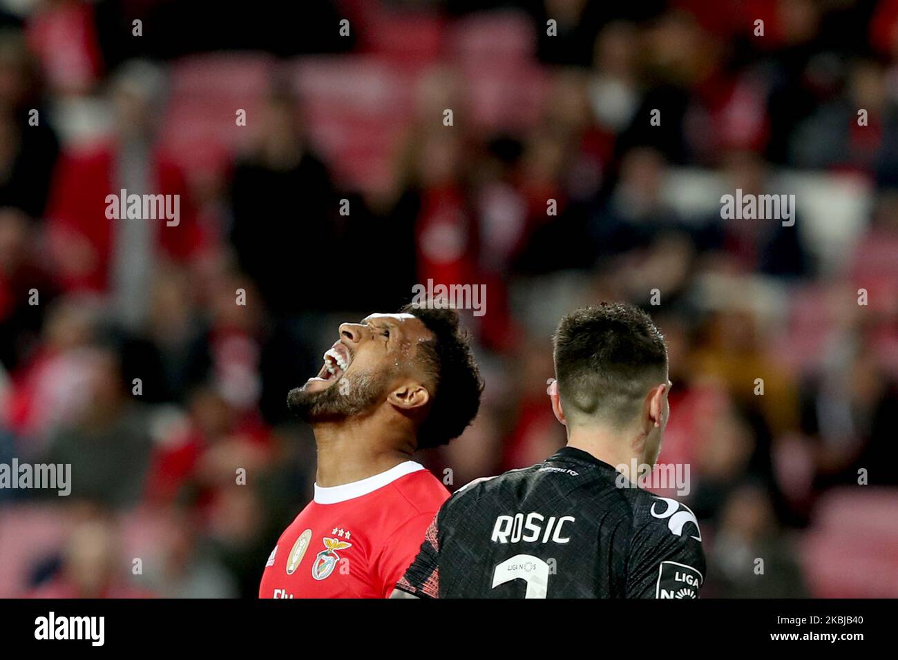 Dyego Sousa of SL Benfica reacts during the Portuguese League football match between SL Benfica and Moreirense FC at the Luz stadium in Lisbon, Portugal on March 2, 2020. (Photo by Pedro FiÃºza/NurPhoto) Stock Photo