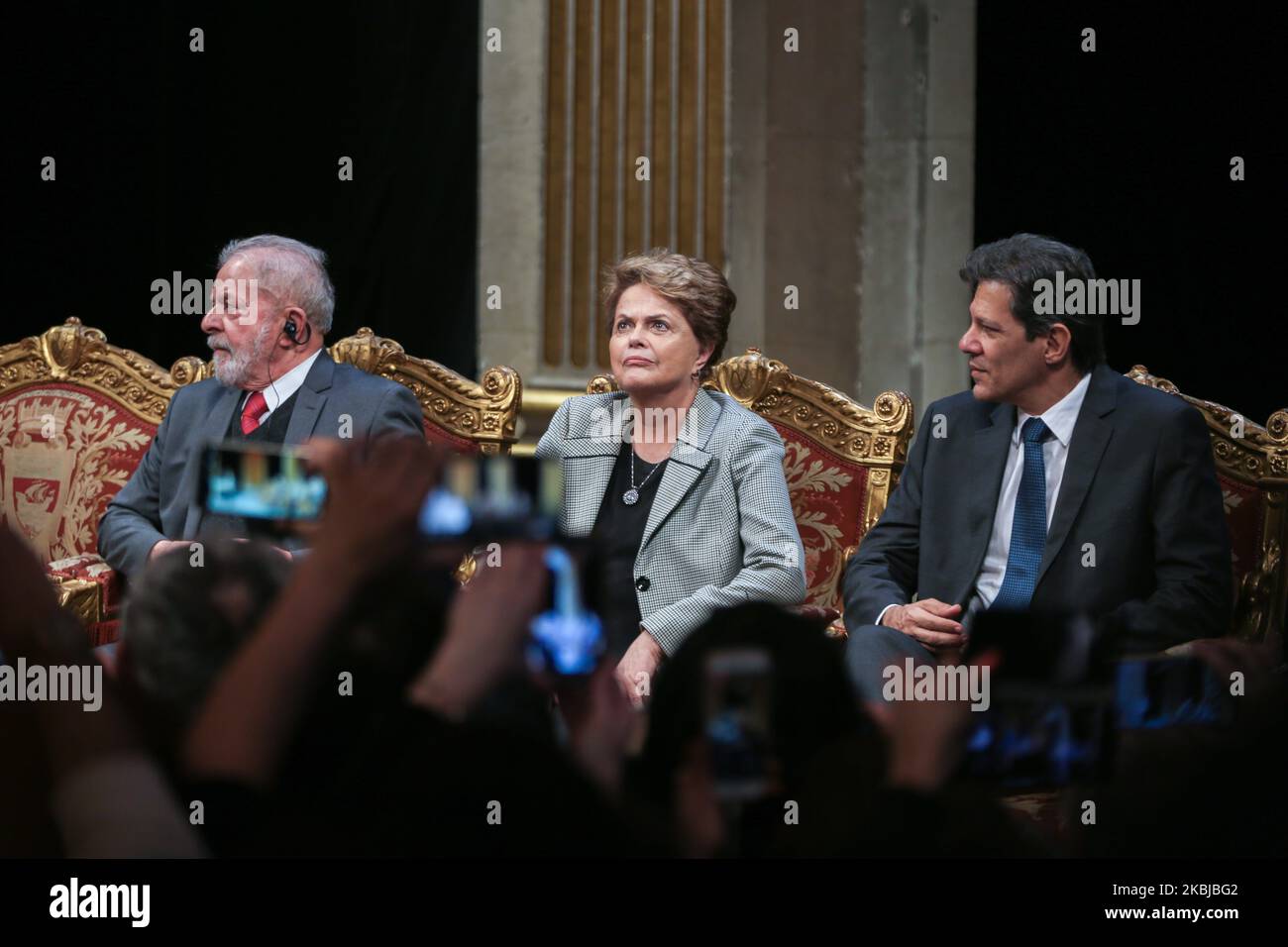 (Lto R) Former Brazilian president Luiz Inacio Lula da Silva, Former Brazilian president Dilma Rousseff and former Sao Paolo Mayor Fernando Hadda take part in a ceremony at the City Hall of Paris, on March 2, 2020, during wich the President Lula da Silva was named honorary citizen of the city of Paris. (Photo by Michel Stoupak/NurPhoto) Stock Photo