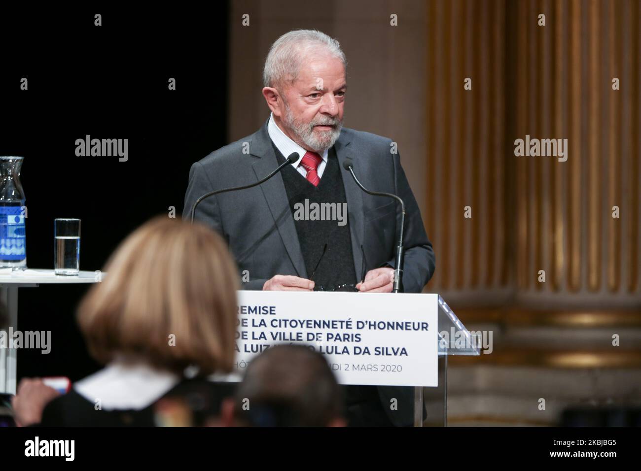Former Brazilian president Luiz Inacio Lula da Silva speaks during a ceremony at the City Hall of Paris, on March 2, 2020, during wich he was named honorary citizen of the city of Paris. (Photo by Michel Stoupak/NurPhoto) Stock Photo
