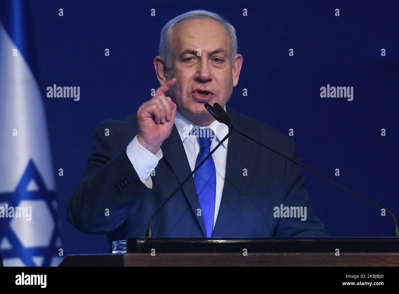 Israeli Prime Minister Benjamin Netanyahu speaks to supporters following the announcement of exit polls in Israel's election at his Likud party headquarters in Tel Aviv. On Tuesday, March 3, 2020, in Tel Aviv, Israel. (Photo by Artur Widak/NurPhoto) Stock Photo