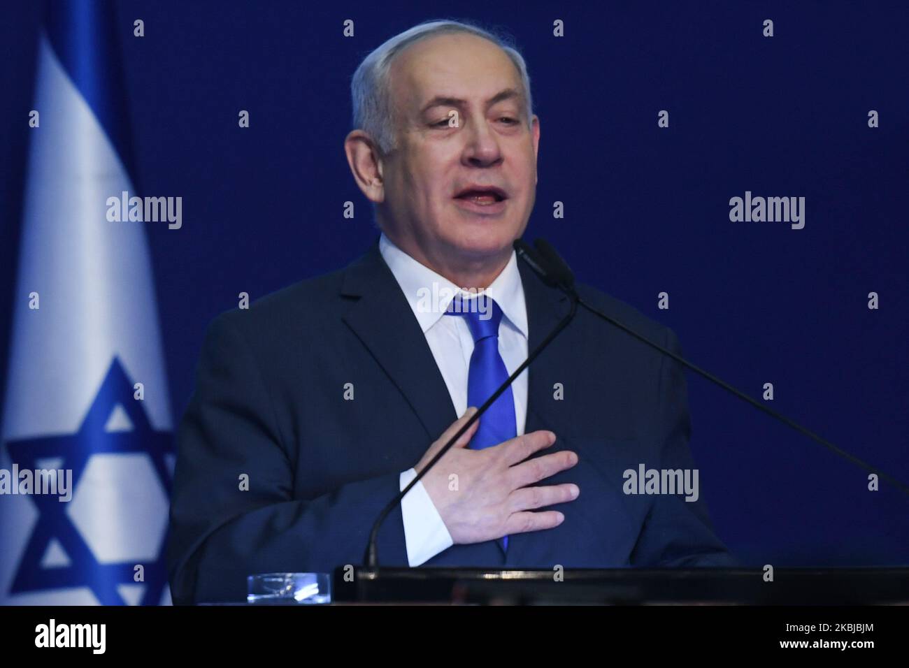 Israeli Prime Minister Benjamin Netanyahu gestures as he speaks to supporters following the announcement of exit polls in Israel's election at his Likud party headquarters in Tel Aviv. On Tuesday, March 3, 2020, in Tel Aviv, Israel. (Photo by Artur Widak/NurPhoto) Stock Photo