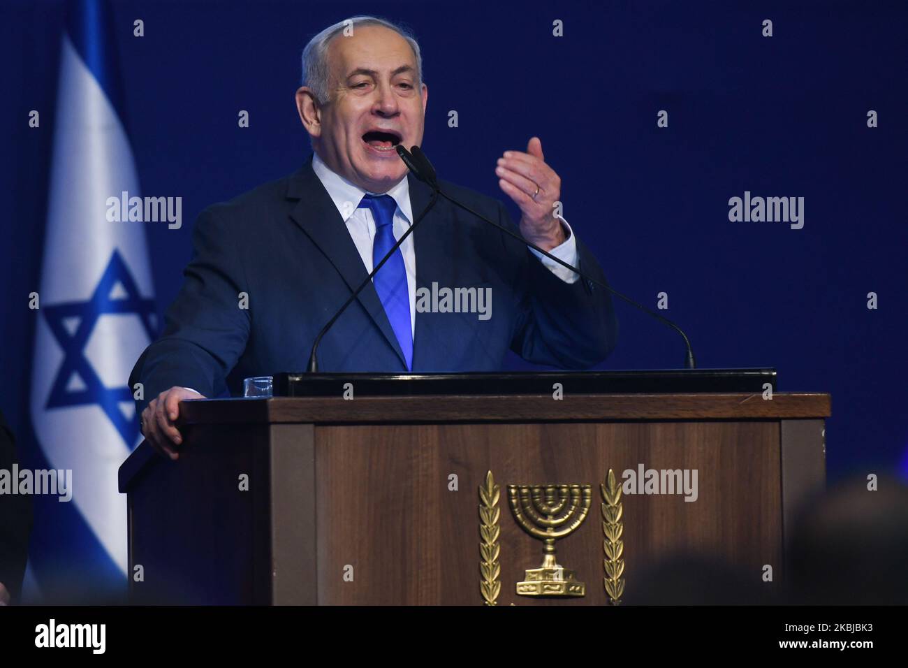 Israeli Prime Minister Benjamin Netanyahu gestures as he speaks to supporters following the announcement of exit polls in Israel's election at his Likud party headquarters in Tel Aviv. On Tuesday, March 3, 2020, in Tel Aviv, Israel. (Photo by Artur Widak/NurPhoto) Stock Photo