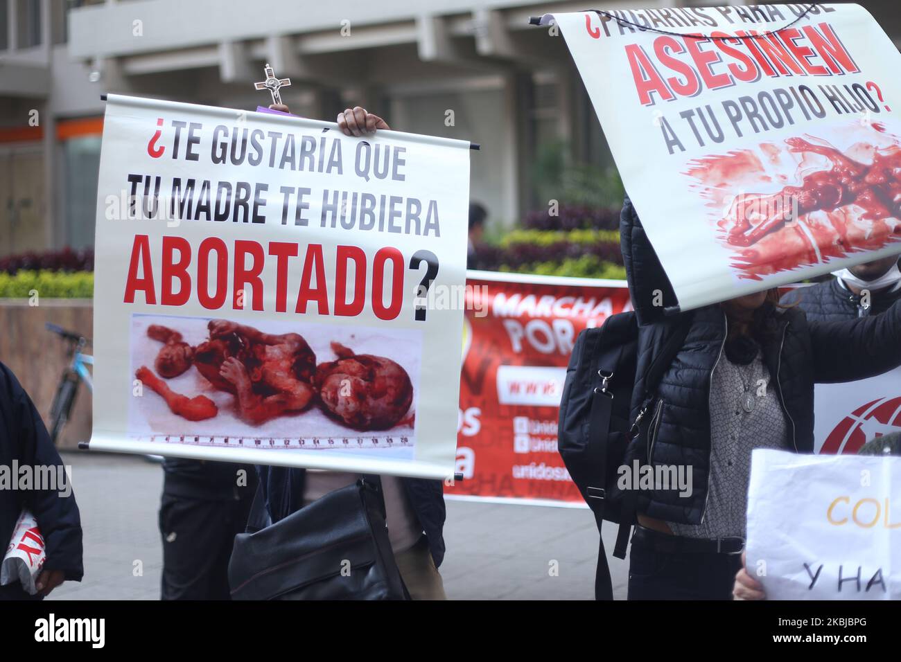 Anti-abortion activists protest in front of Colombia's Constitutional Court in Bogota city, Colombia, on March 2, 2020. Protests occurred during the debate due to the proposal of a magistrate to decriminalize abortion in the first 16 weeks of gestation and for 2 lawsuits that were requested to completely penalize this procedure. (Photo by Daniel Garzon Herazo/NurPhoto) Stock Photo