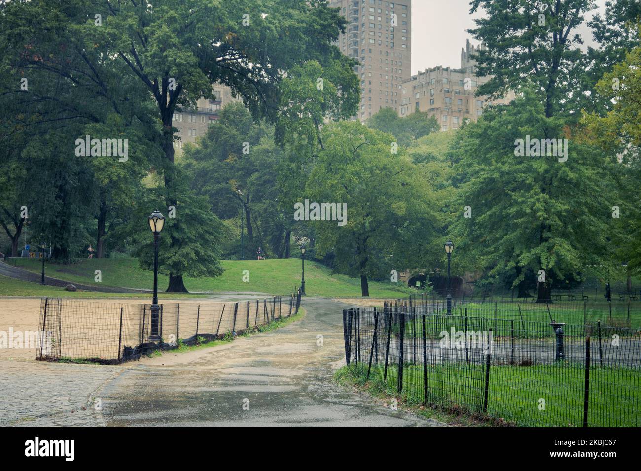 Softball playing field during heavy rainfall in Central Park in New