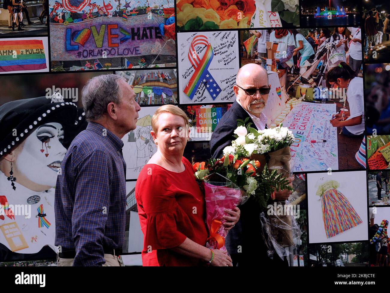 March 3, 2020 - Orlando, Florida, United States -Democratic presidential candidate former New York mayor Mike Bloomberg (left) visits the Pulse memorial with Fred and Maria Wright, whose son, Jerry Wright, was killed during the Pulse shooting, following a campaign stop in Orlando, Florida on Super Tuesday, on March 3, 2020. (Photo by Paul Hennessy/NurPhoto) Stock Photo