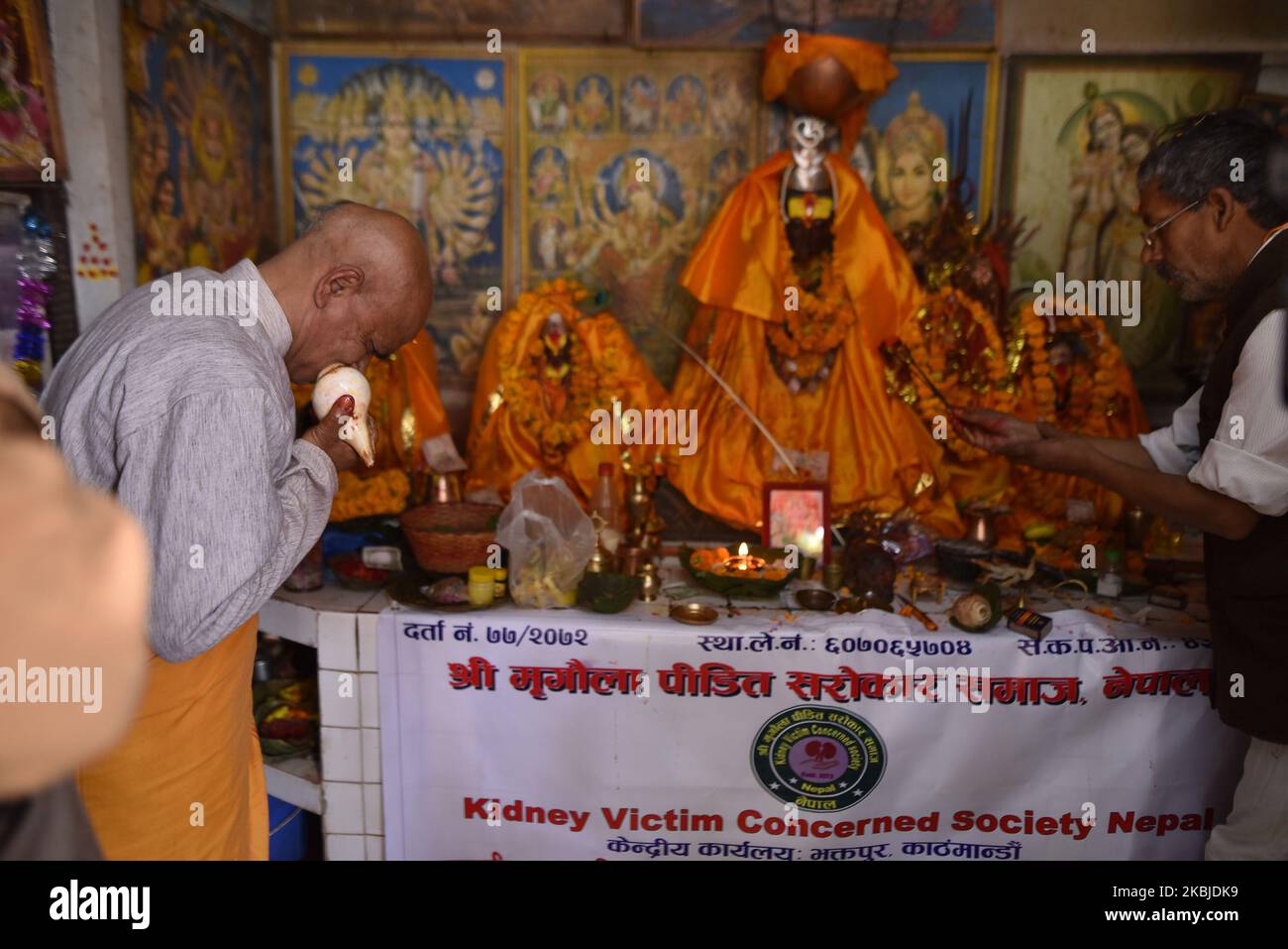 A Priest offering rituals in the hospital premises temple during second time Kidney transplant of Prime Minister KP Sharma Oli at Tribhuwan University Teaching Hospital (TUTH)'s Manmohan Cardiothoracic Vascular and Transplant on Wednesday, 04 March 2020. (Photo by Narayan Maharjan/NurPhoto) Stock Photo