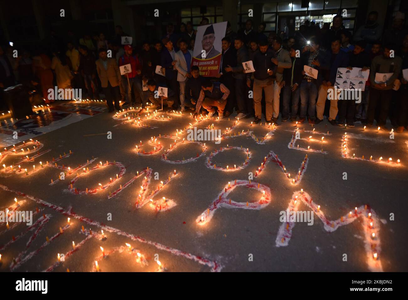 A Nepalese people, supporters and political party members light on a candle with the slogan GET WELL SOON Rt. HON. PM at the hospital premises after successful second time Kidney transplant of Prime Minister KP Sharma Oli at Tribhuwan University Teaching Hospital (TUTH)'s Manmohan Cardiothoracic Vascular and Transplant on Wednesday, 04 March 2020. (Photo by Narayan Maharjan/NurPhoto) Stock Photo