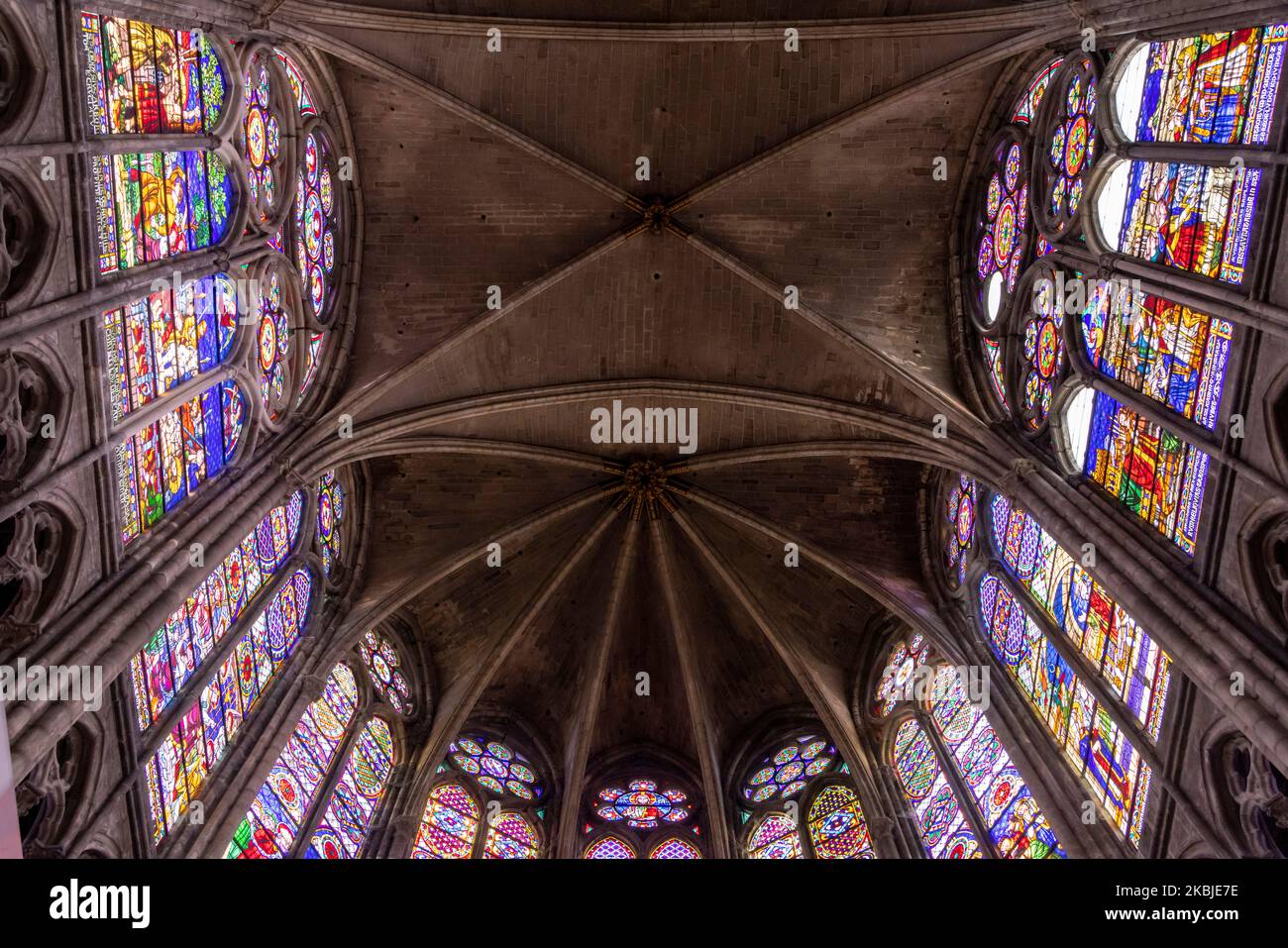 stained glass windows of ambulatory of apse,, Saint-Denis basilica, Paris, France Stock Photo