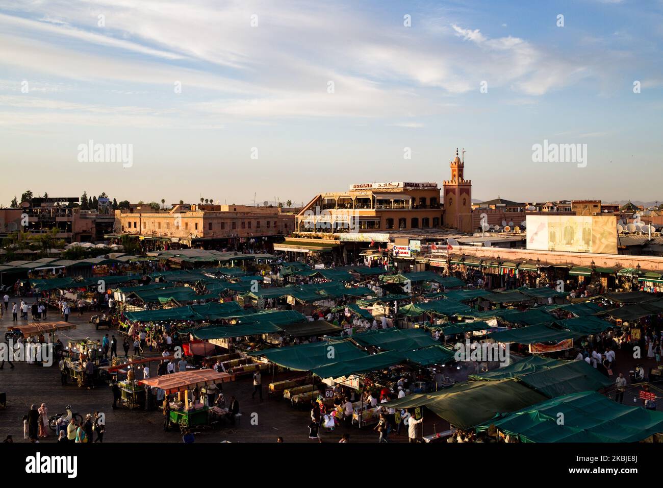 Marrakech, France, 19 October 2019. The atmosphere at sunset on Jemaa el-Fna square, from the cafe glacier terasse. (Photo by Emeric Fohlen/NurPhoto) Stock Photo