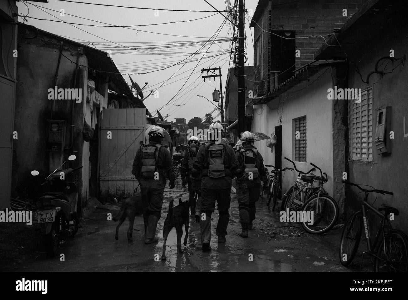 (EDITOR'S NOTE: Image was converted to black and white) Military fire brigade and sniffer dogs walk through the alleys after the collapse that took place during the last dawn leaving at least three fatal victims at Morro do Macaco Molhado in Guaruja, Brazil, March 3, 2020. (Photo by Felipe Beltrame/NurPhoto) Stock Photo