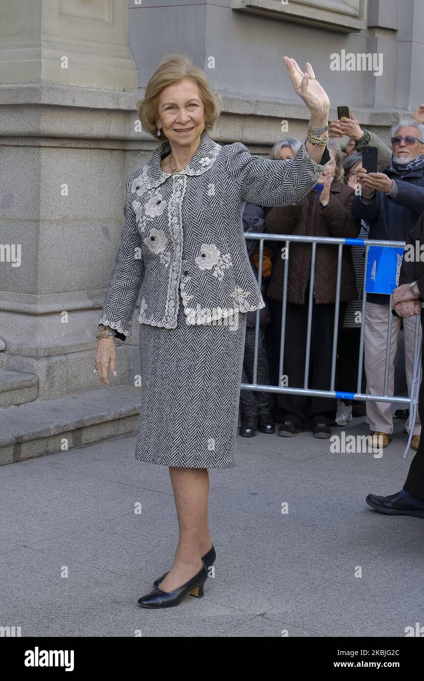 Queen Sofia of spain attends the traditional thanksgiving to Medinaceli on March 06, 2020 in Madrid, Spain. On the first Friday of March there is a tradition to kiss the feet of Cristo de Medinaceli sculpture to show devotion. Following instructions from the Cartagena Bishop, the congregation are not to kiss or touch the sculpture and exchanged the gesture by bowing their heads. (Photo by Oscar Gonzalez/NurPhoto) Stock Photo