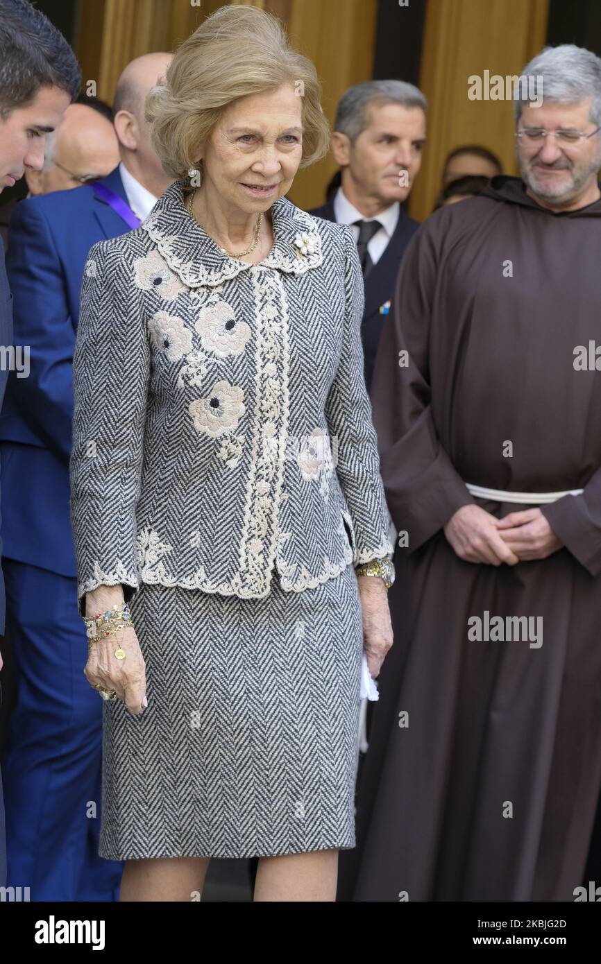 Queen Sofia of spain attends the traditional thanksgiving to Medinaceli on March 06, 2020 in Madrid, Spain. On the first Friday of March there is a tradition to kiss the feet of Cristo de Medinaceli sculpture to show devotion. Following instructions from the Cartagena Bishop, the congregation are not to kiss or touch the sculpture and exchanged the gesture by bowing their heads. (Photo by Oscar Gonzalez/NurPhoto) Stock Photo