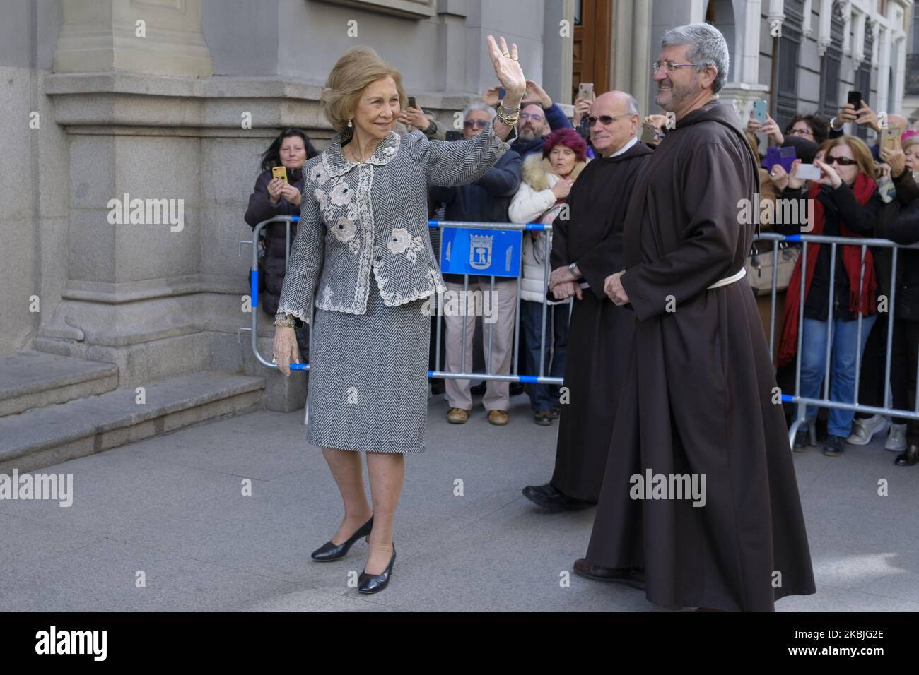 Queen Sofia of spain attends the traditional thanksgiving to Medinaceli on March 06, 2020 in Madrid, Spain. On the first Friday of March there is a tradition to kiss the feet of Cristo de Medinaceli sculpture to show devotion. Following instructions from the Cartagena Bishop, the congregation are not to kiss or touch the sculpture and exchanged the gesture by bowing their heads. (Photo by Oscar Gonzalez/NurPhoto) Stock Photo