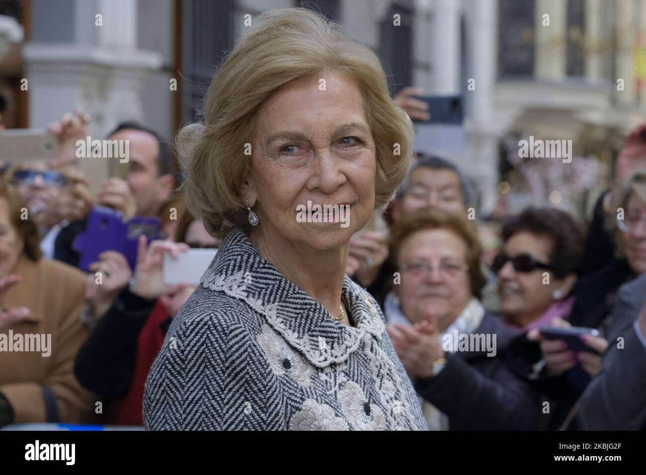 Queen Sofia of spain attends the traditional thanksgiving to Medinaceli on March 06, 2020 in Madrid, Spain. On the first Friday of March there is a tradition to kiss the feet of Cristo de Medinaceli sculpture to show devotion. Following instructions from the Cartagena Bishop, the congregation are not to kiss or touch the sculpture and exchanged the gesture by bowing their heads. (Photo by Oscar Gonzalez/NurPhoto) Stock Photo