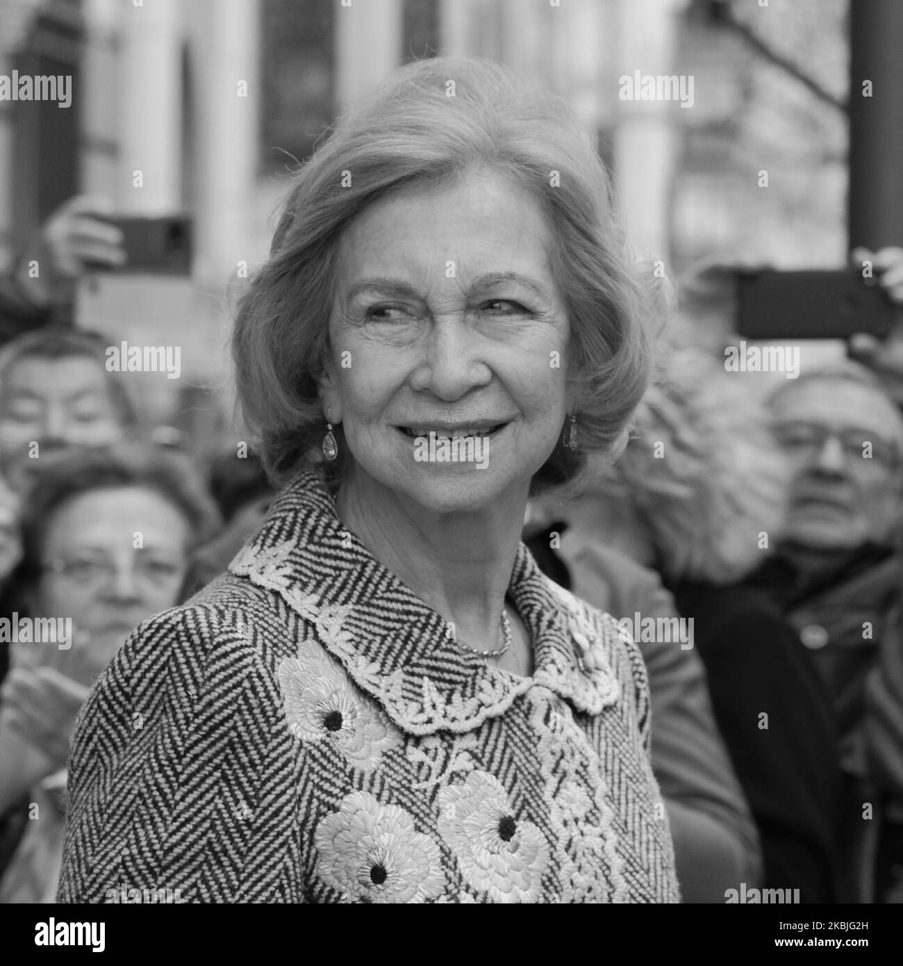 (EDITOR'S NOTE: Image was converted to black and white) Queen Sofia of spain attends the traditional thanksgiving to Medinaceli on March 06, 2020 in Madrid, Spain. On the first Friday of March there is a tradition to kiss the feet of Cristo de Medinaceli sculpture to show devotion. Following instructions from the Cartagena Bishop, the congregation are not to kiss or touch the sculpture and exchanged the gesture by bowing their heads. (Photo by Oscar Gonzalez/NurPhoto) Stock Photo