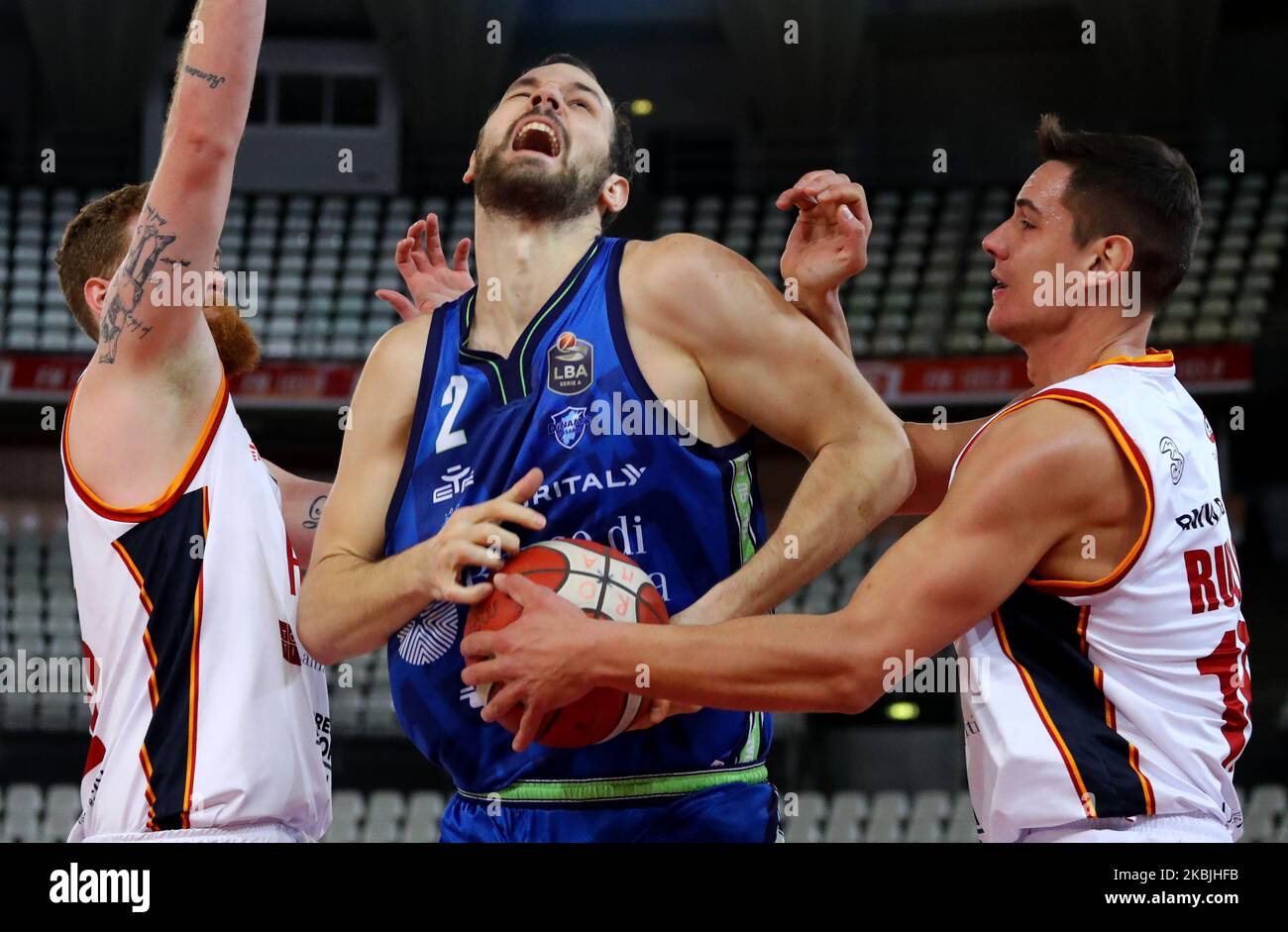 Miro Bilan of Sassari and Roberto Rullo of Roma during the LBA Serie A match Virtus Roma v Banco Sardegna Sassari played behind closed doors at the Palazzetto dello Sport of Rome after the Italian Government has issued a list of new guidelines to help stop the spread of the coronavirus. Italy on March 7, 2020 (Photo by Matteo Ciambelli/NurPhoto) Stock Photo