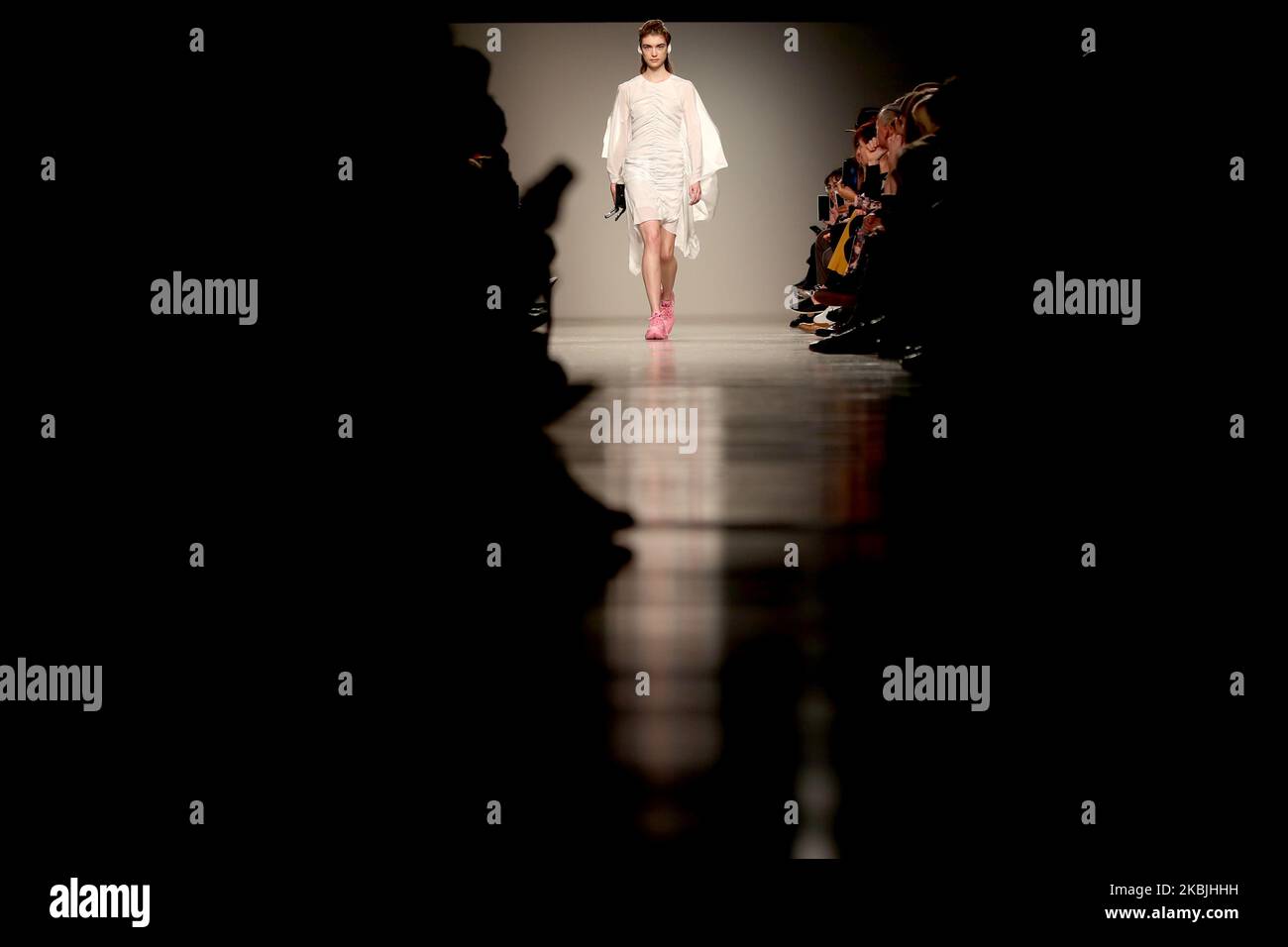 A model presents a creation from the fashion designer Lidija Kolovrat during the Lisbon Fashion Week - ModaLisboa AWAKE F/W 20-21 in Lisbon, Portugal on March 7, 2020. (Photo by Pedro FiÃºza/NurPhoto) Stock Photo