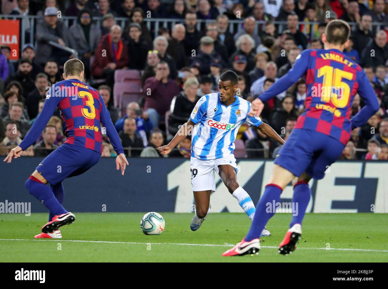 Alexander Isak and Gerard Pique during the match between FC Barcelona and Real Sociedad, corresponding to the week 27 of the Liga Santander, played at the Camp Nou Stadium, on 07th March 2020, in Barcelona, Spain. (Photo by Joan Valls/Urbanandsport /NurPhoto) Stock Photo