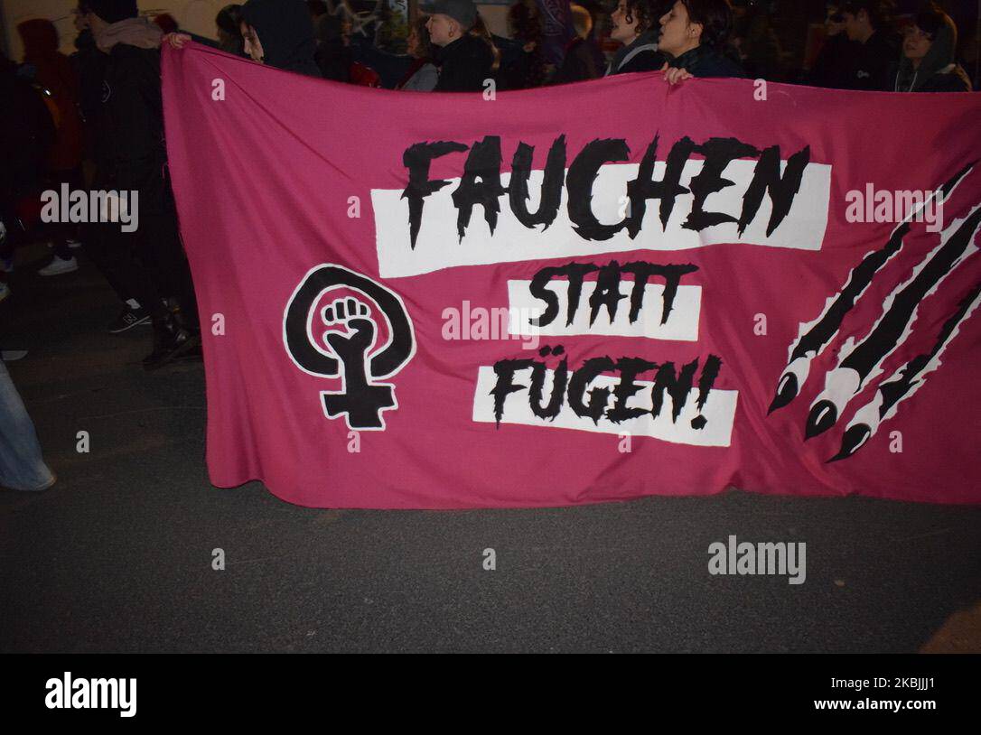Feminist demonstration on the occasion of Women's Day in Bochum, Germany, on March 7, 2020. Around 700 people took part in the demonstration. Pyrotechnics was ignited on the way. (Photo by Finn Grohmann/NurPhoto) Stock Photo