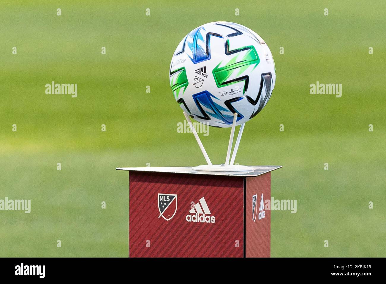 MSL ball on the stand before the 2020 MLS Regular Season match between Toronto FC (Canada) and New York City FC (USA) at BMO Field in Toronto, Canada (Score 1-0) (Photo by Anatoliy Cherkasov/NurPhoto) Stock Photo