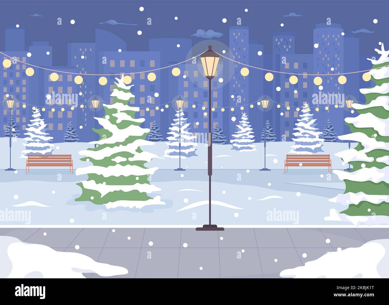 Night winter park with street light flat color vector illustration ...