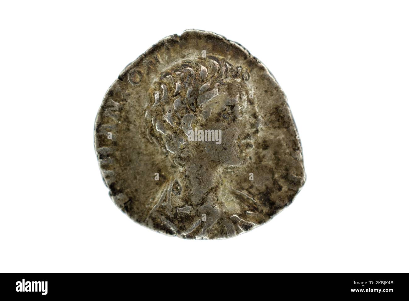 The obverse of a Roman coin, a denarius showing Caracalla as  Caesar, minted in Rome (c. 196-197 AD). Stock Photo