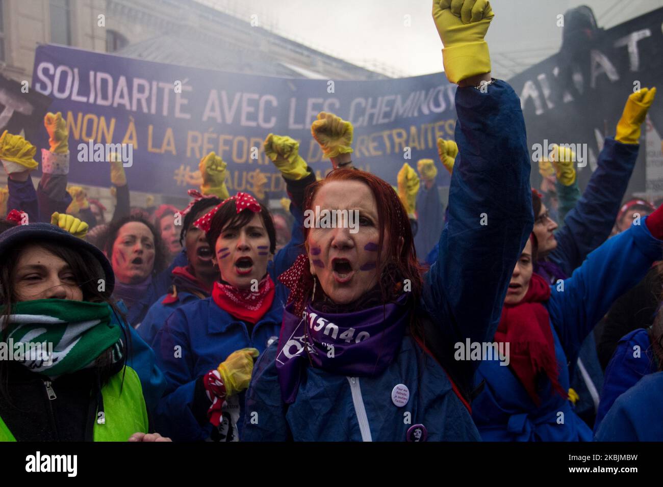 Women protesting during the International Women's Day in Paris, France on Mars 8th, 2020 (Photo by David Cordova/NurPhoto) Stock Photo