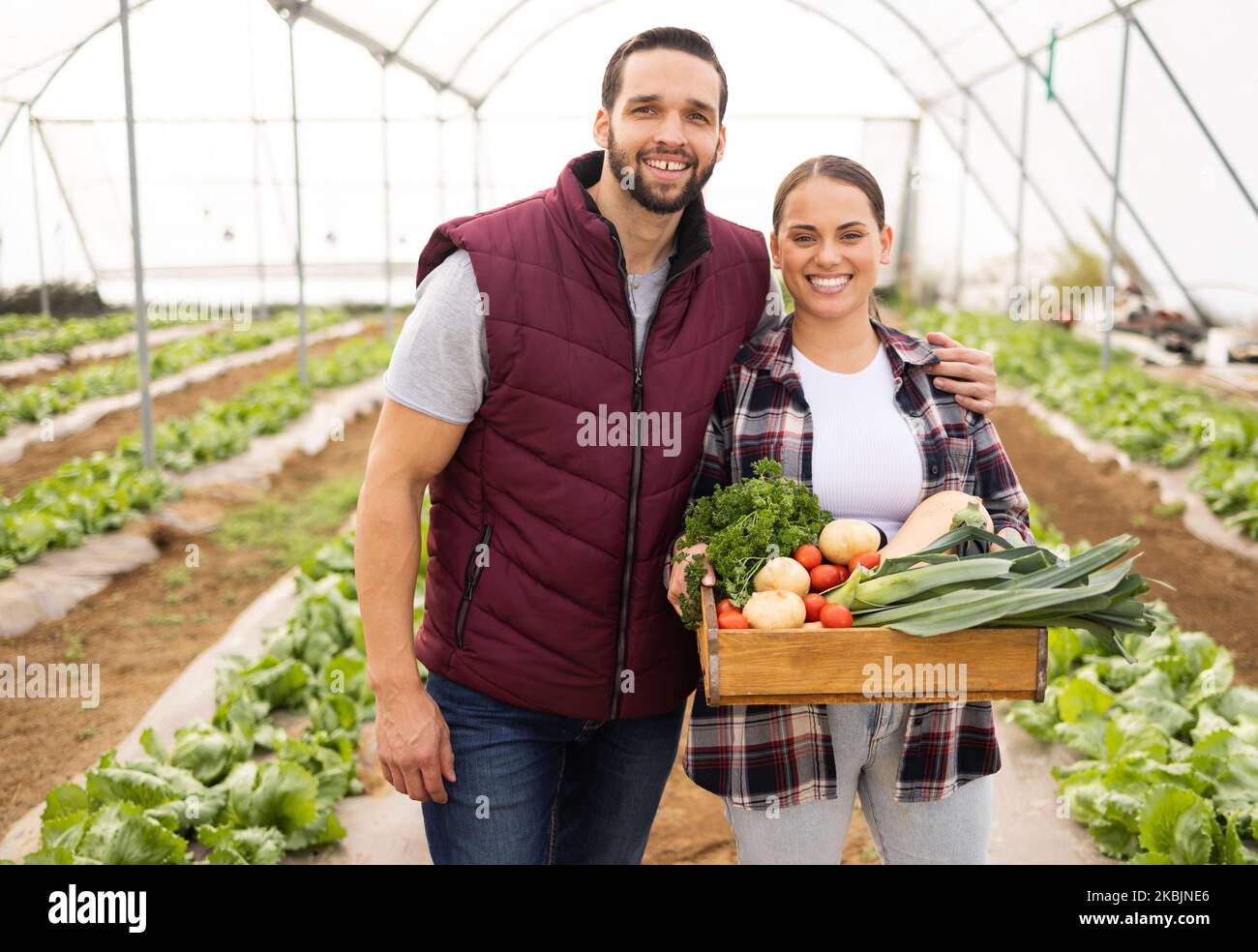 Agriculture, food and health with couple on farm for teamwork, sustainability and environment. Happy, garden and agro with farmer man and woman and Stock Photo