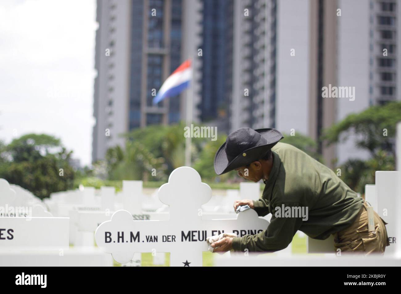 Preparation at Ereveld Dutch Heros Cemetery, Jakarta, before the arrived the King and Queen of Dutch, King Willem-Alexander and Queen Maxima at the first day of they state visit to Indonesia on March 10, 2020. during his visit, the Dutch King Willem-Alexander conveyed the apology over 'excessive violance' suffered by Indonesians in the eraly years of Indonesia independence, acknowledging the period as a 'painfull separation'. (Photo by Aditya Irawan/NurPhoto) Stock Photo