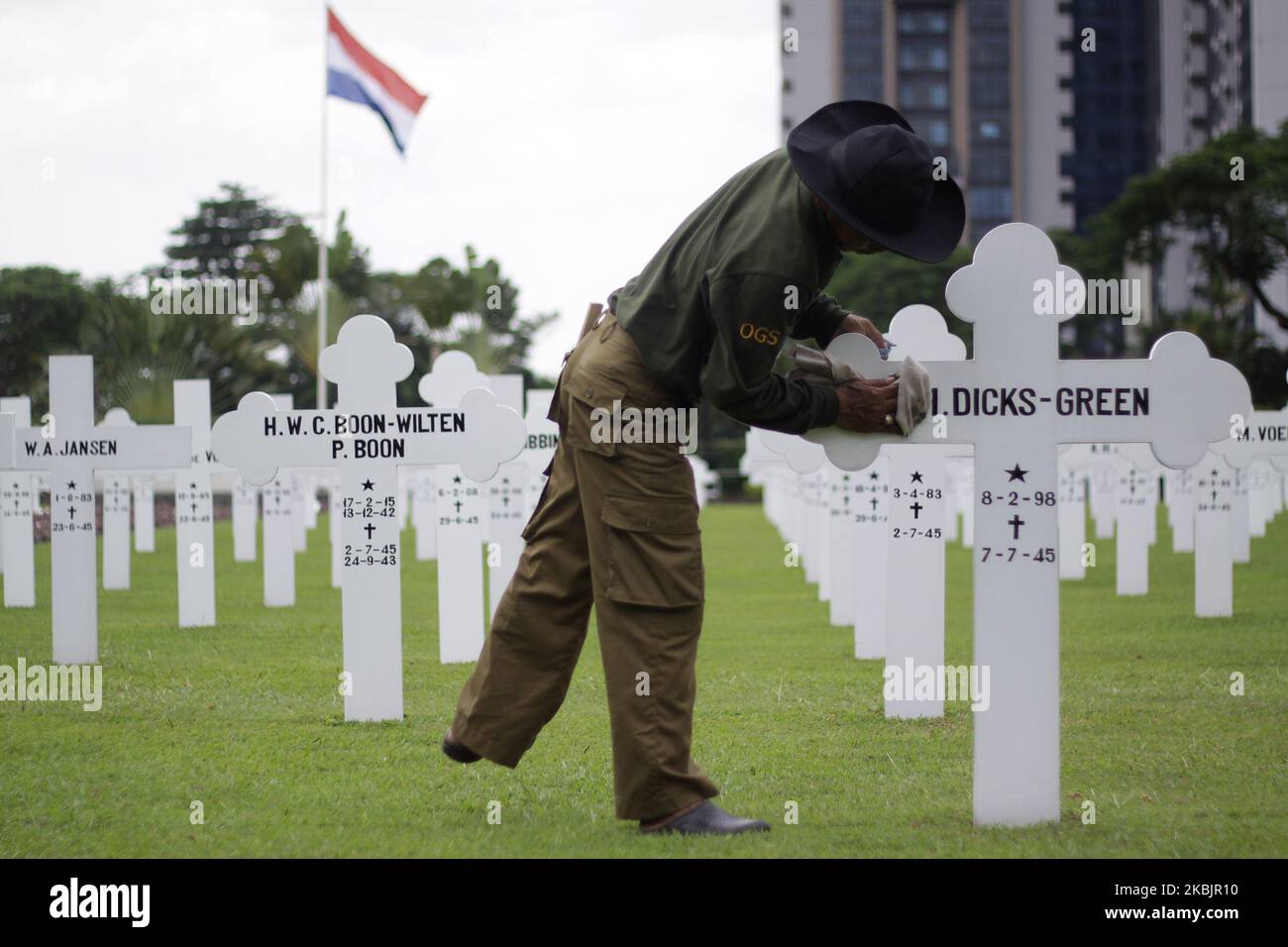 Preparation at Ereveld Dutch Heros Cemetery, Jakarta, before the arrived the King and Queen of Dutch, King Willem-Alexander and Queen Maxima at the first day of they state visit to Indonesia on March 10, 2020. during his visit, the Dutch King Willem-Alexander conveyed the apology over 'excessive violance' suffered by Indonesians in the eraly years of Indonesia independence, acknowledging the period as a 'painfull separation'. (Photo by Aditya Irawan/NurPhoto) Stock Photo