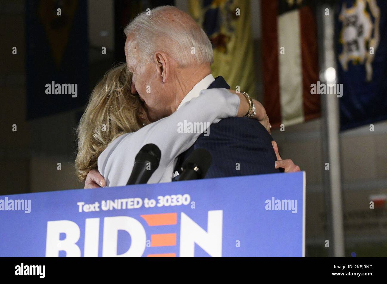 Former Vice President Joe Biden, sided by his wife Dr. Jill Biden, takes the stage to deliver remarks after wining the Michigan Primary, at the National Constitution Center, in Philadelphia, PA, on March 10, 2020. (Photo by Bastiaan Slabbers/NurPhoto) Stock Photo