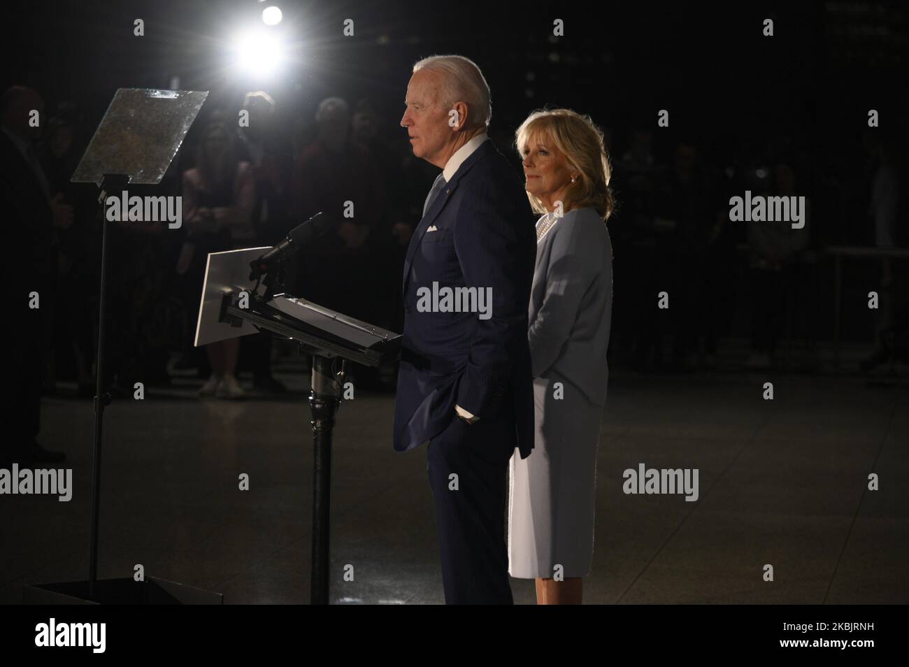 Former Vice President Joe Biden, sided by his wife Dr. Jill Biden, delivers remarks after wining the Michigan Primary, at the National Constitution Center, in Philadelphia, PA, on March 10, 2020. (Photo by Bastiaan Slabbers/NurPhoto) Stock Photo