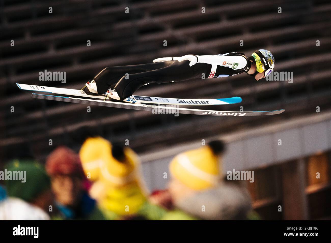 Anze Lanisek soars in the air during the men's large hill team competition HS130 of the FIS Ski Jumping World Cup in Lahti, Finland, on February 29, 2020. (Photo by Antti Yrjonen/NurPhoto) Stock Photo