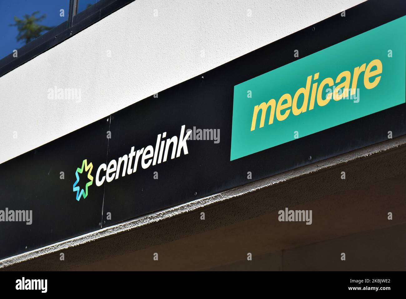 A Medicare and Centrelink ( Social security payments) office sign is seen at Ryde, Syndey on March 12, 2020 in Sydney, Australia. Government will inject a multi-billion dollar coronavirus stimulus package into the economy, with funding for small businesses, pensioners and the aged care sector among its largest elements. The stimulus package is crucial to supporting Australians, the business community and the economy in this time of crisis. (Photo by Izhar Khan/NurPhoto) Stock Photo