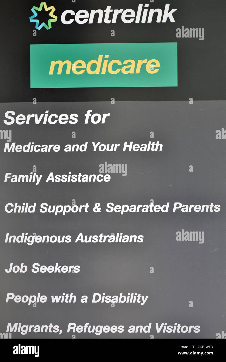 A Medicare and Centrelink ( Social security payments) office sign is seen at Ryde, Syndey on March 12, 2020 in Sydney, Australia. Government will inject a multi-billion dollar coronavirus stimulus package into the economy, with funding for small businesses, pensioners and the aged care sector among its largest elements. The stimulus package is crucial to supporting Australians, the business community and the economy in this time of crisis. (Photo by Izhar Khan/NurPhoto) Stock Photo