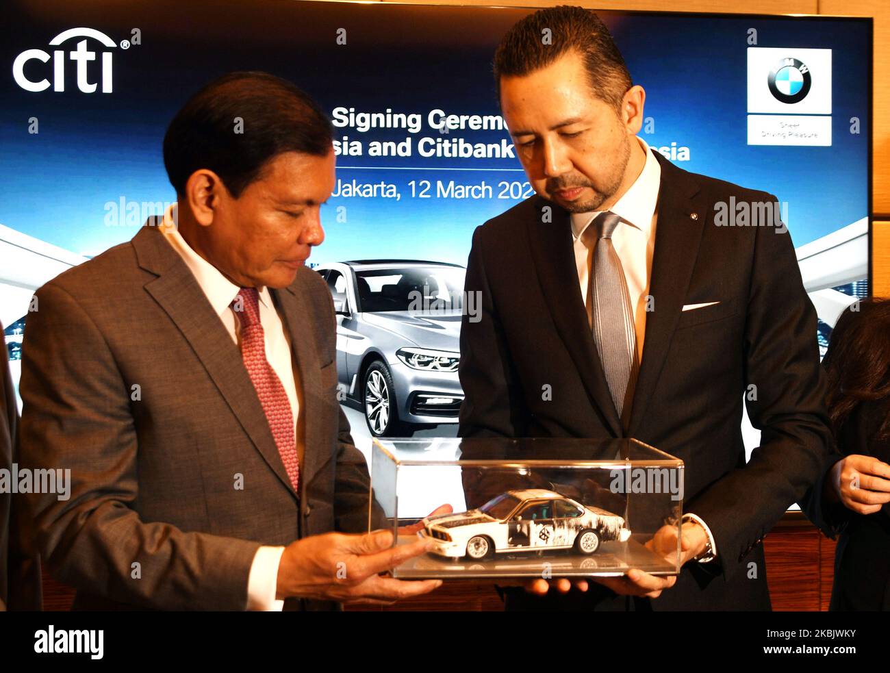 BMW Group Indonesia President Director Ramesh Divyanatha (rigth) with Citi Indonesia Cheif Country Officer Batara Sianturi (left) after entering into a cooperation agreement in Jakarta On, March, 12,2020. In collaboration with BMW Indonesia and CITI Indonesia (Citi Bank) in an agreement for 0% installments of EaZyPay for up to 24 Months for vehicle transactions of up to Rp. 300 million at the BMW exhibition held at Plaza Senayan on March 13 to 15, 2020. Dasril Roszandi (Photo by Dasril Roszandi/NurPhoto) Stock Photo