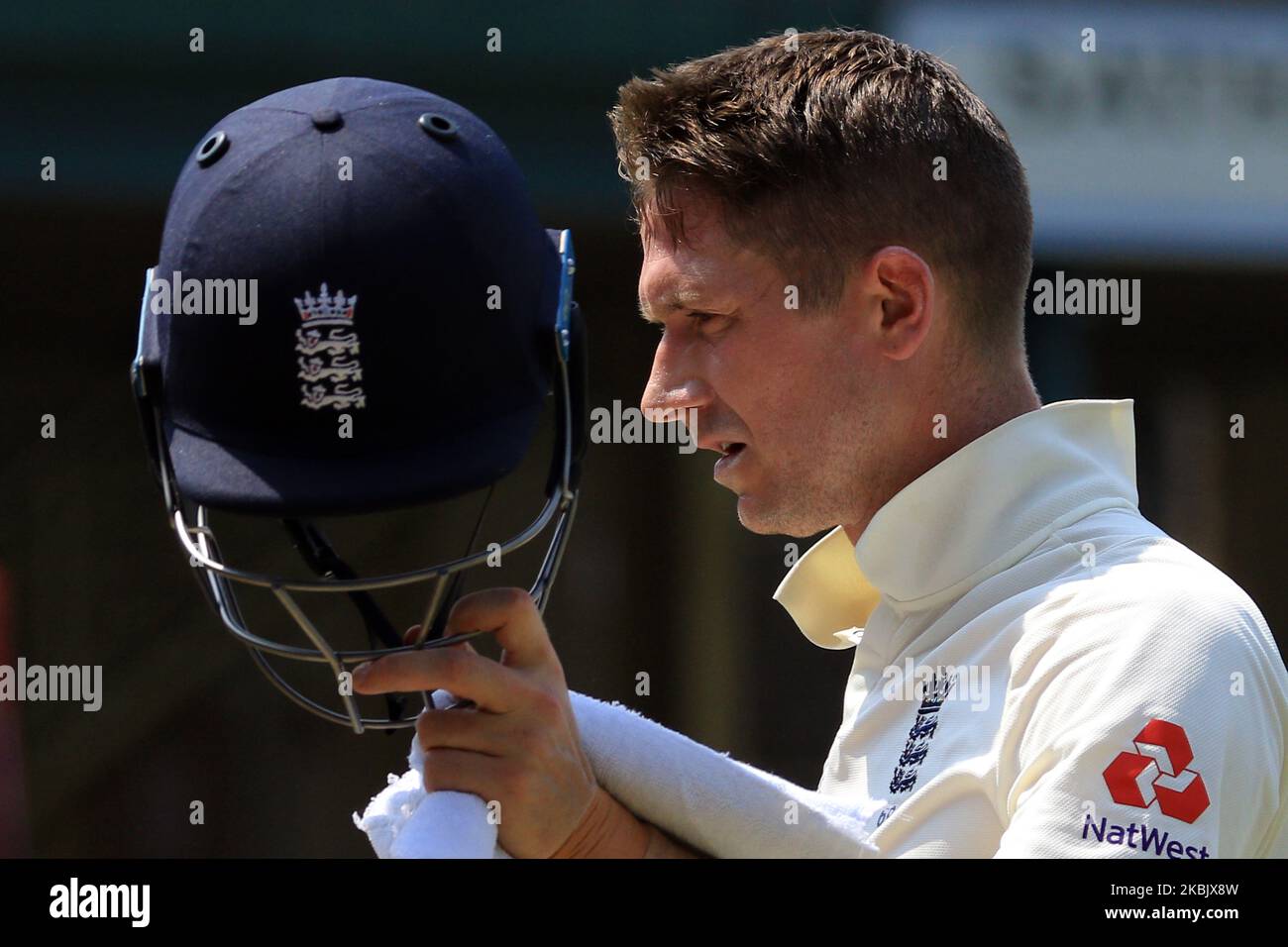 England cricketer Joe Denly leaves the field after he was dismissed during the first day of the 2nd Warm up cricket match between Sri Lanka's Board President's XI and England at P Sara Oval on March 12, 2020 in Colombo, Sri Lanka. (Photo by Tharaka Basnayaka/NurPhoto) Stock Photo