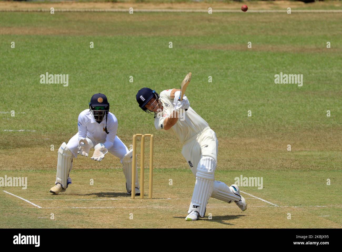 England cricketer Joe Denly steps out and plays a shot during the first day of the 2nd Warm up cricket match between Sri Lanka's Board President's XI and England at P Sara Oval on March 12, 2020 in Colombo, Sri Lanka. (Photo by Tharaka Basnayaka/NurPhoto) Stock Photo
