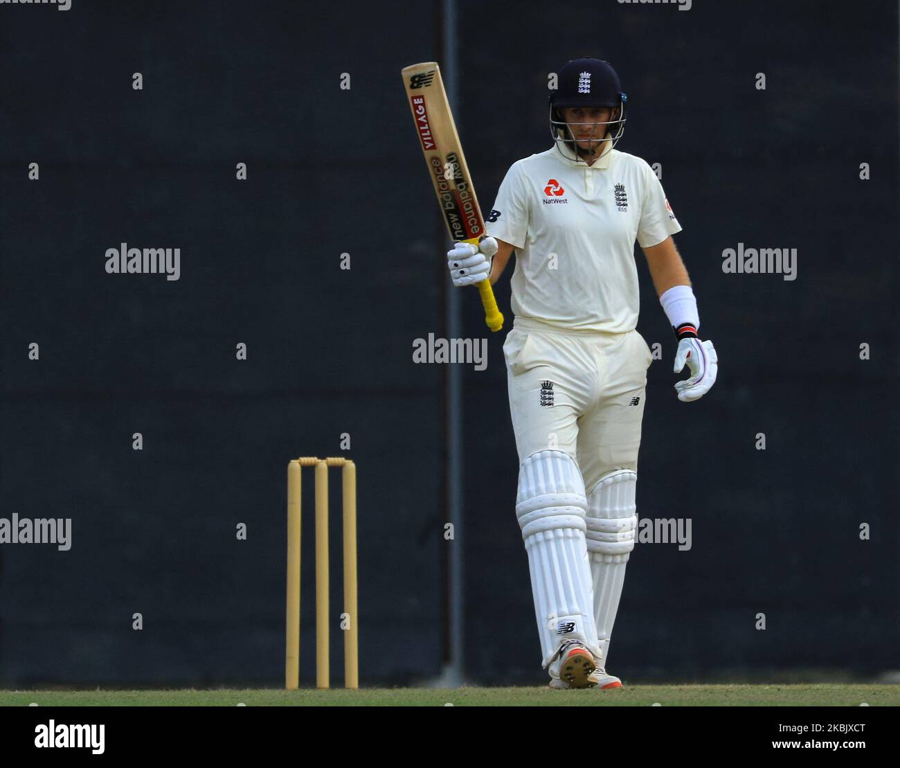 England cricket captain Joe Root celebrates after scoring 100 runs during the second day of the 2nd Warm up cricket match between Sri Lanka's Board President's XI and England at P Sara Oval on March 13, 2020 in Colombo, Sri Lanka (Photo by Tharaka Basnayaka/NurPhoto) Stock Photo